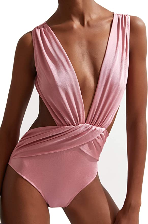 Gal Gadot-Inspired Rose Pink V-Neck Swimsuit-2