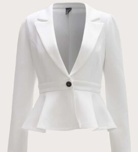 elvira hancock white outfit suit wrap blazer