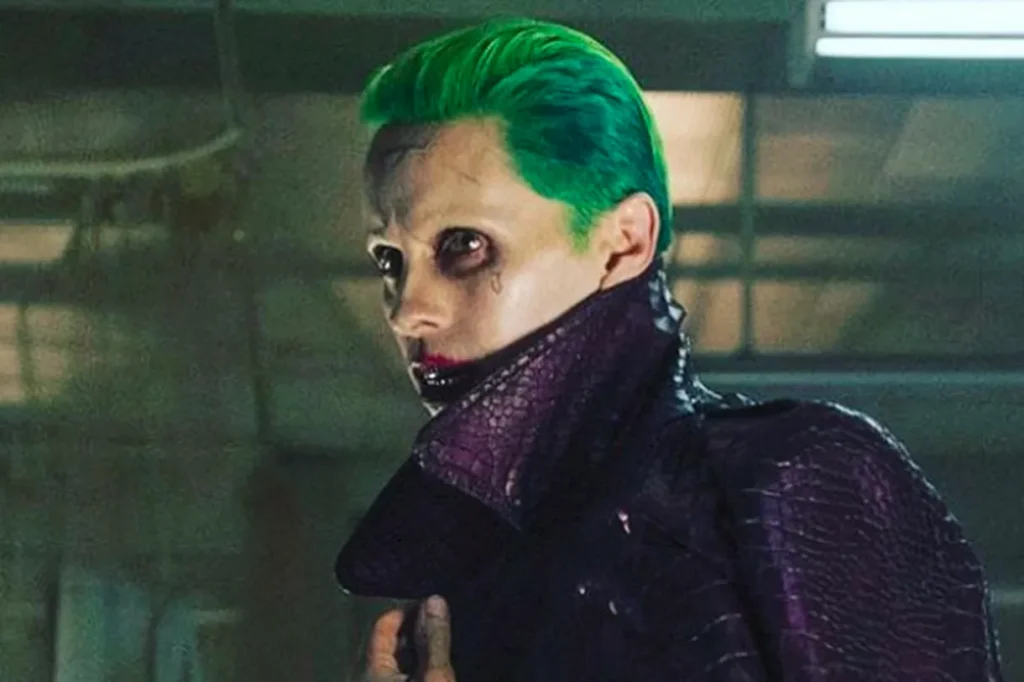 The Joker in Suicide Squad- Costume Inspo- wearing his purple crocodile coat. The green hair adds to his rebellious attitude