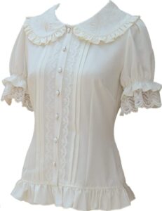 Twiglight-Bella-Swan Inspired -Shirt Short Puff Sleeve Flower Embroidered Peter Pan Collar White Ruffle Blouse