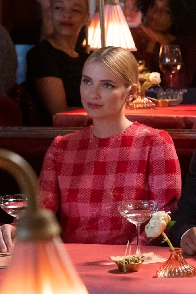 EMILY-IN-PARIS-CAMILLE-RAZAT-OUTFITS-Pink-Red-Checked-Long-Sleeve-Mini-Dress