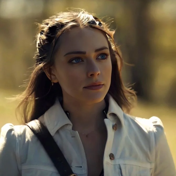 Hope Mikaelson in her white cropped jacket and dark jeans outfit