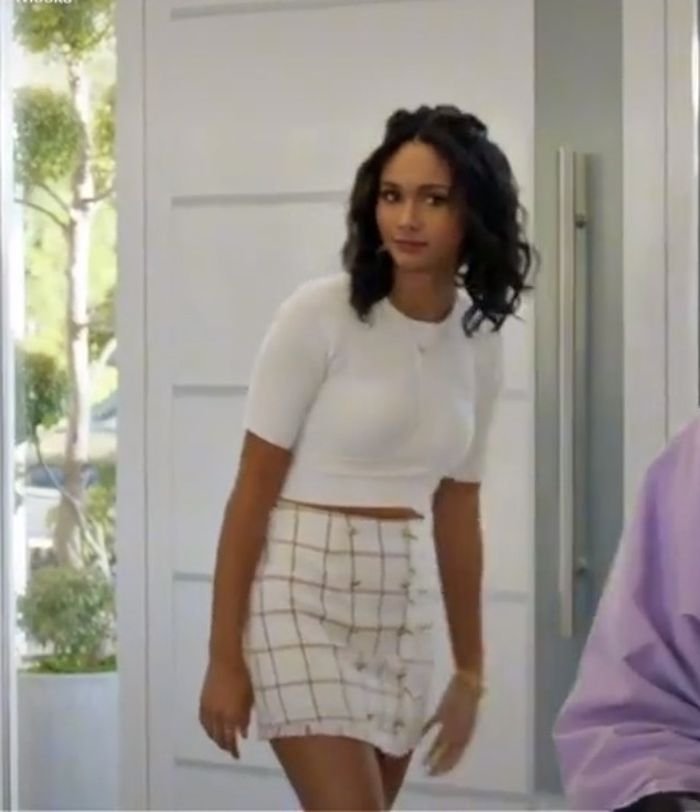 Layla-Keating-white top and white plaid mini skirt outfi