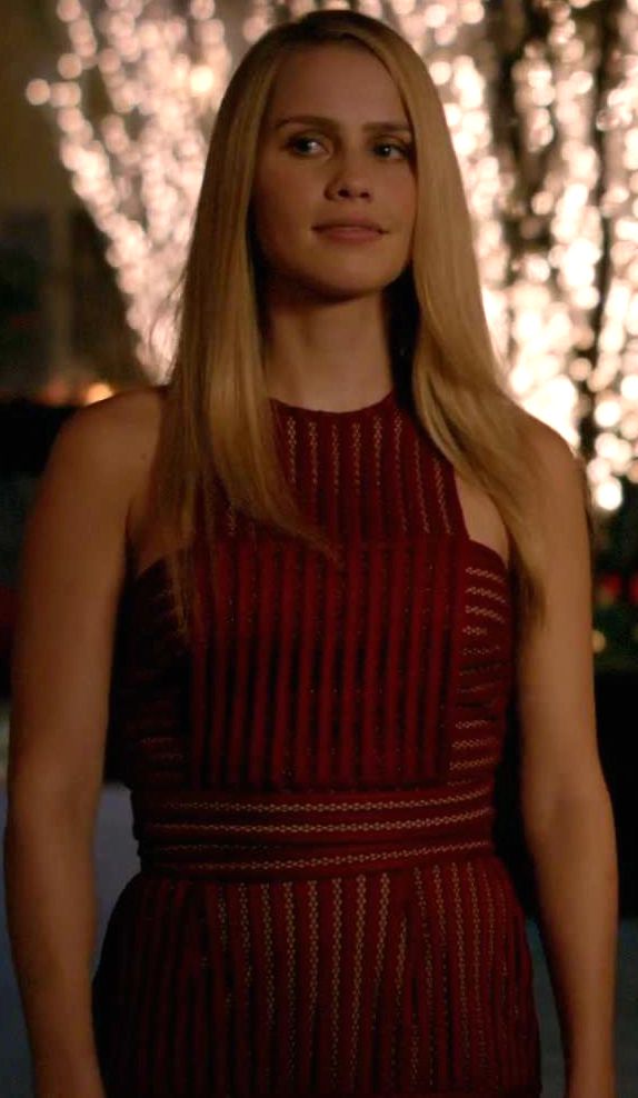 Self Portrait Striped Mesh Crop Top and Pencil Skirt worn by Rebekah Claire Holt seen in The Originals S03E09