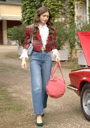 emily-in-paris-checkered-red-shirt-and-white-blouse-outfit