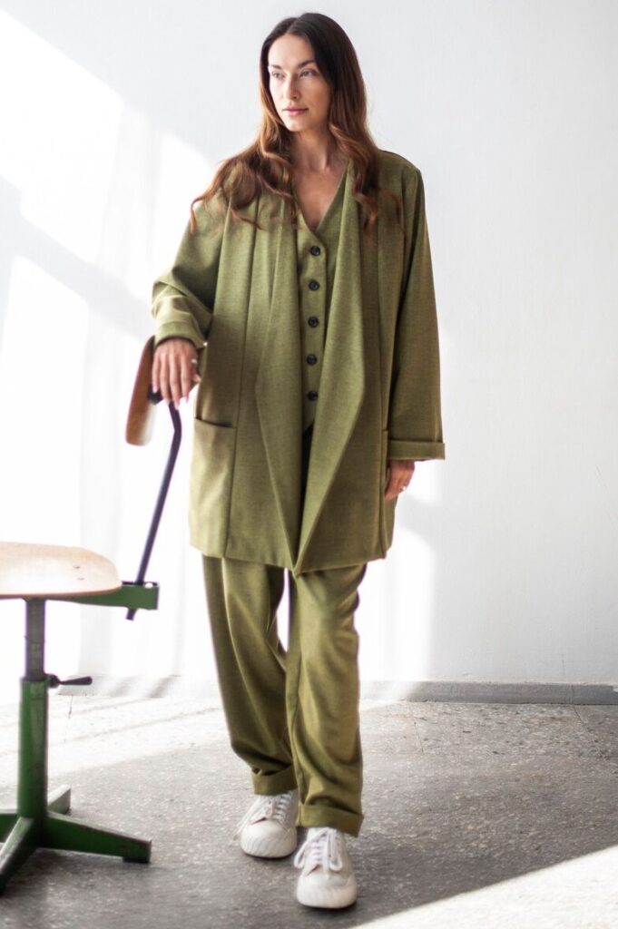 3 pieces wool tweed pants suit for women relaxed fit blazer suit waistcoat