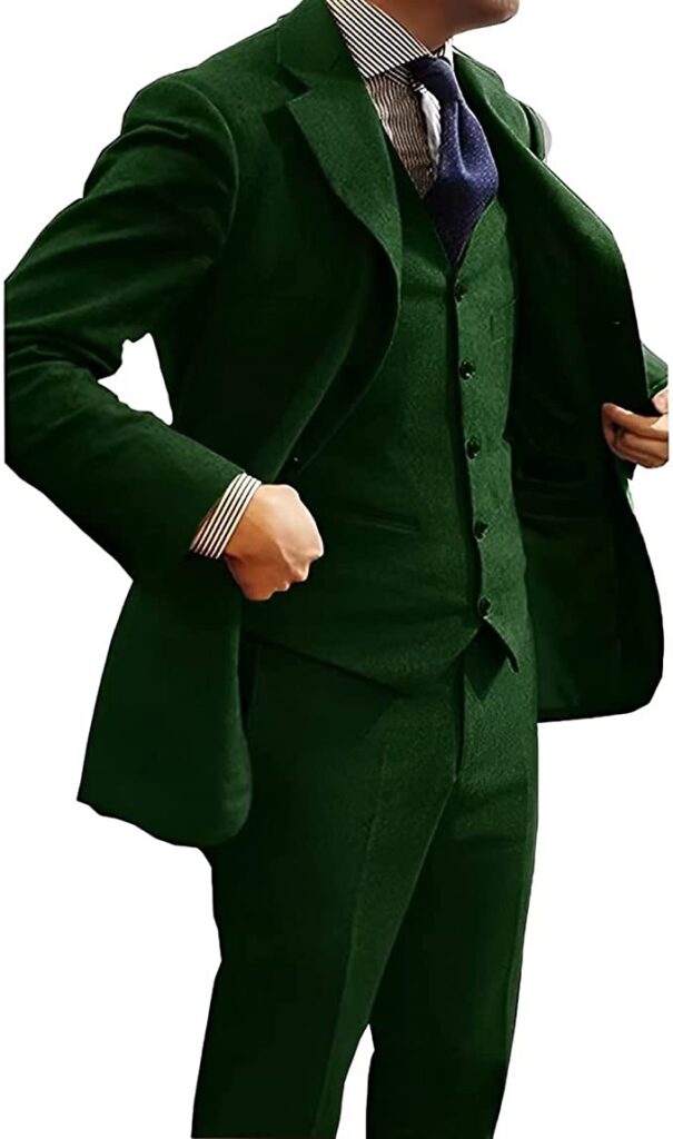 Deep Green Men's Suit 3 Piece Herringbone Wool Jacket Pants Vest Business Formal Blazer Set