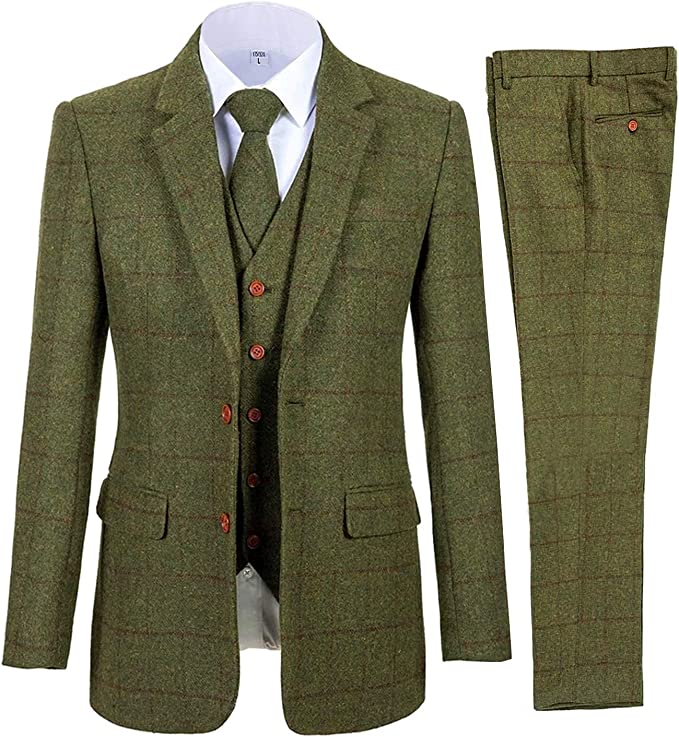 Green Men's 3 Pieces Casual Suit Tweed Notch Lapel Single Breasted Vest and Pants