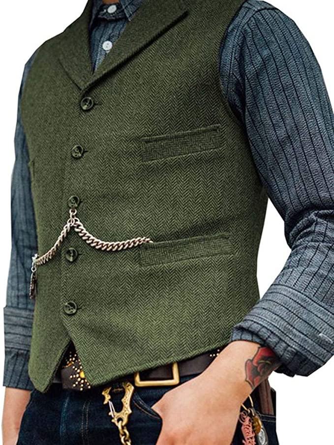 Green Men's Herringbone Suit Vest Tweed