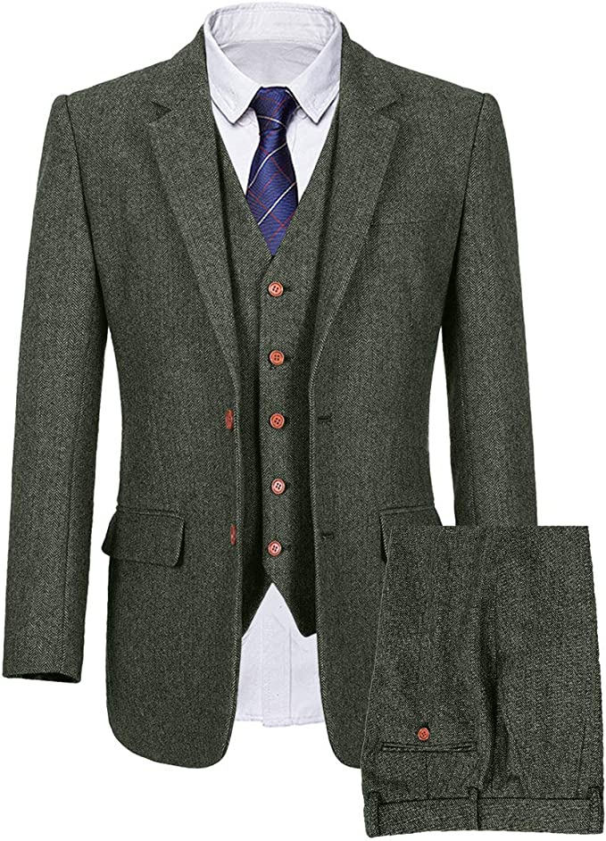 Herringbone Green Vintage Men's 3 Pcs Suit Tweed Blazer Vest Pants