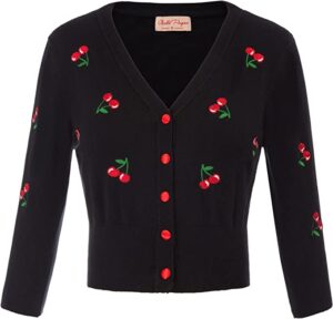 V-Neck Button Down Cherries Embroidery Cropped Cardigan Sweater
