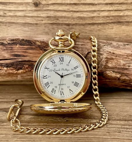 Personalized pocket watch with Roman quartz in gold tone- Goes well with a tweed suit