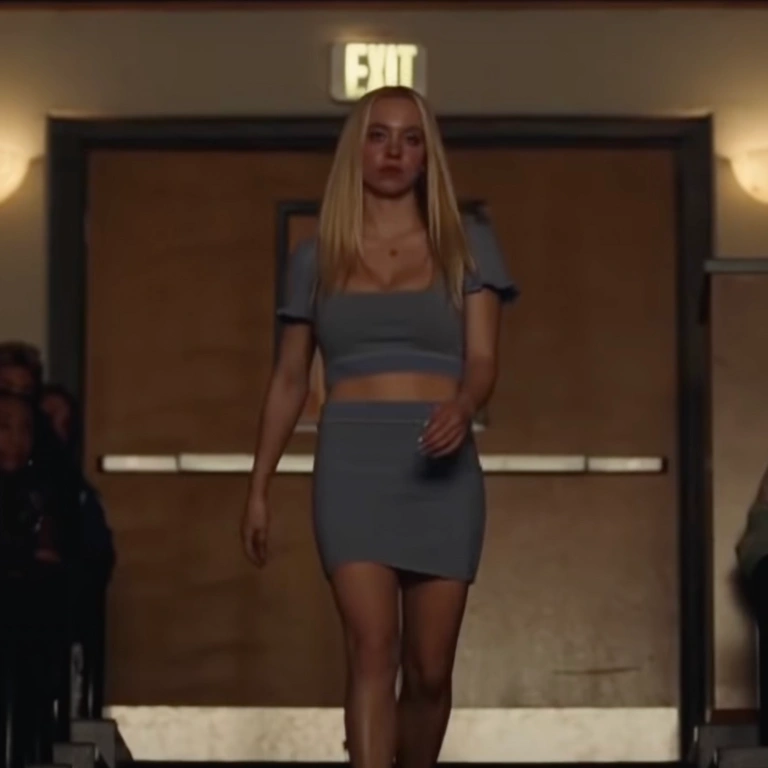 Danielle Guizio knit mini skirt and matching knit top worn by Cassie Howard (Sidney Sweeney) as seen in Euphoria S02E07