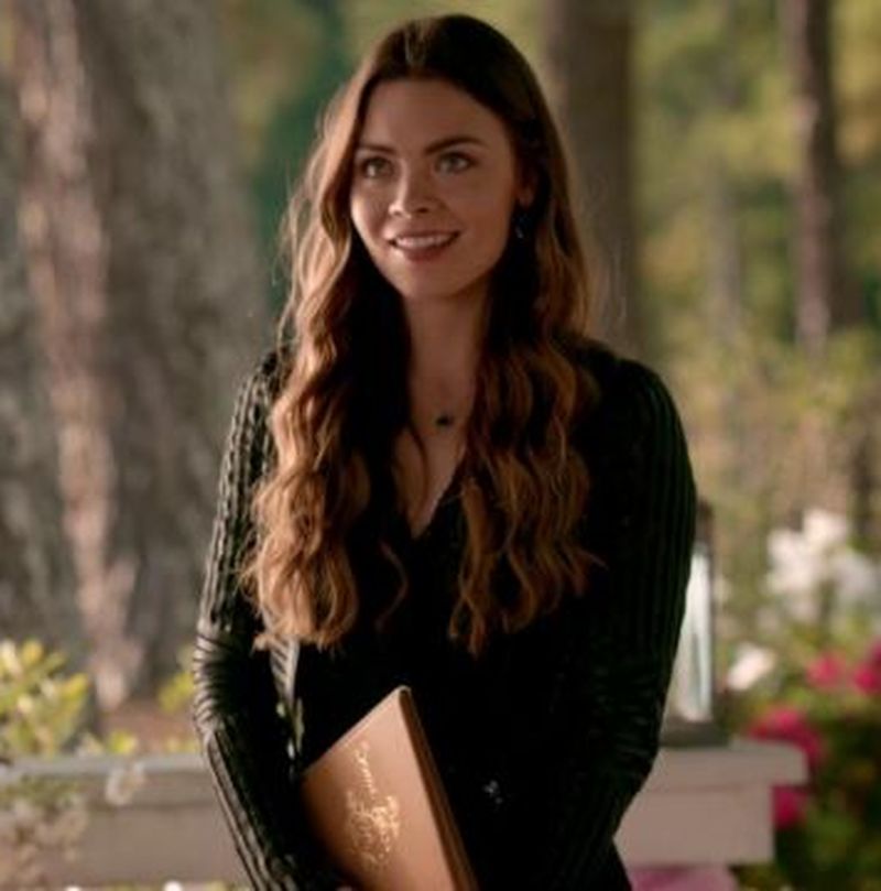Guess Lace Romper and Bebe Mini Striped Leather Jacket worn by Nora Hildegard (Scarlett Byrne) seen in The Vampire Diaries S07E08