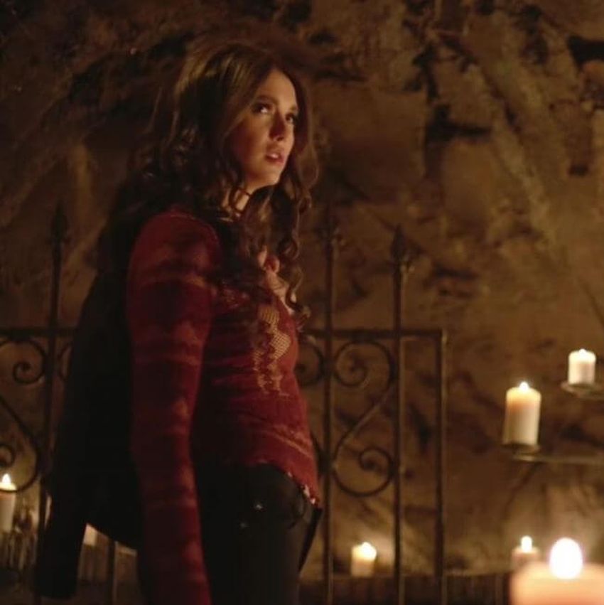 Nightcap Sierra Red Lace Top worn by Katherine Pierce (Nina Dobrev) seen in The Vampire Diaries S08E16.