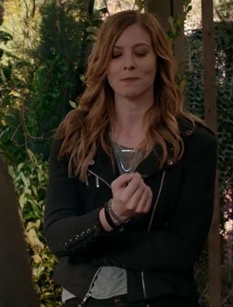 Valerie TVD Motorcycle jacket t-shirt and black leggings outfit