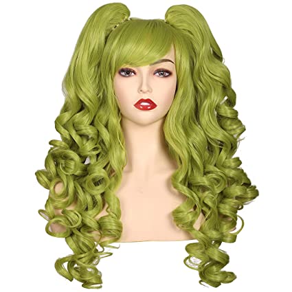 Green Haired Costume Ideas- Long Curly Cosplay Wig with 2 Ponytails Olive Green