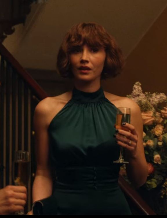 Green Satin Halter Neck Dress worn by Anna Barton (Charlie Murphy), seen in Obsession (S01E02)