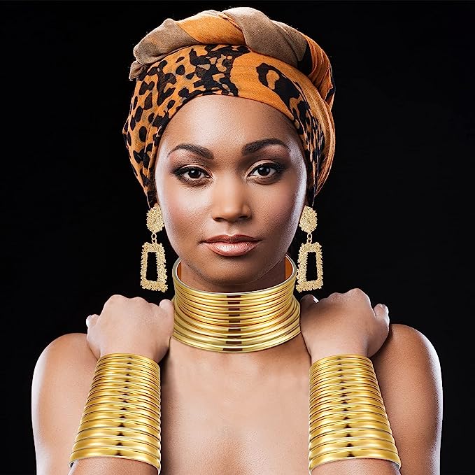 African Vintage Jewelry Set Includes Statement Choker Egypt Gold Tone Long Neck Collar Leather Bracelet Stud Earring for Women
