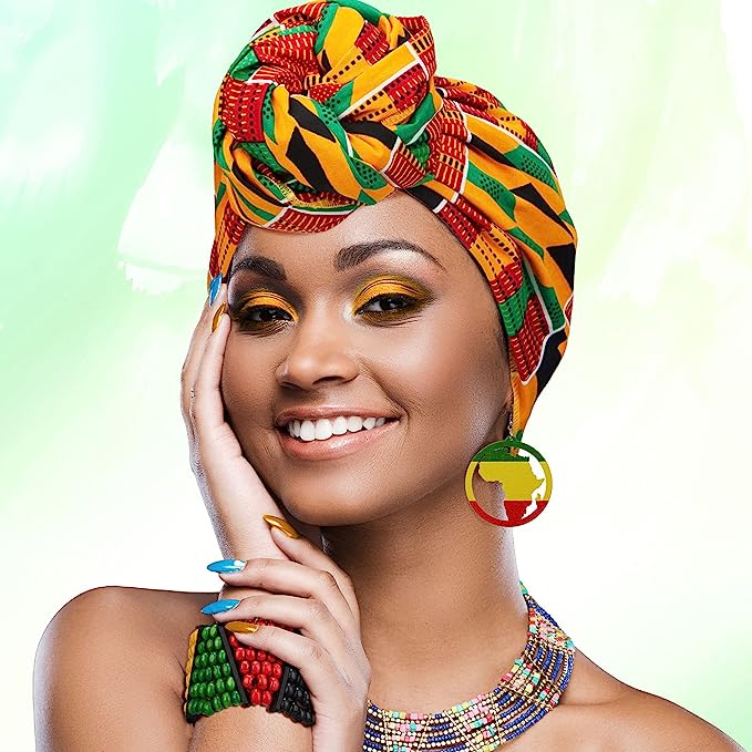 Women Accessories Including African Turban Wood African Earrings and Jamaican Bracelet