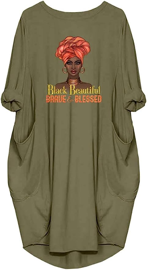 omen's Long Sleeve Pocket Dress Black Woman Afro Brave Blessed Tunic Tops