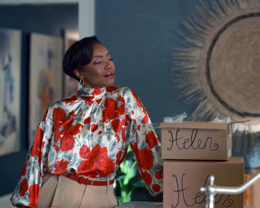 Ganni Silk Stretch Satin Oversized Blouse worn by Helen Decatur (Heather Headley) as seen in Sweet Magnolias (S03E04)