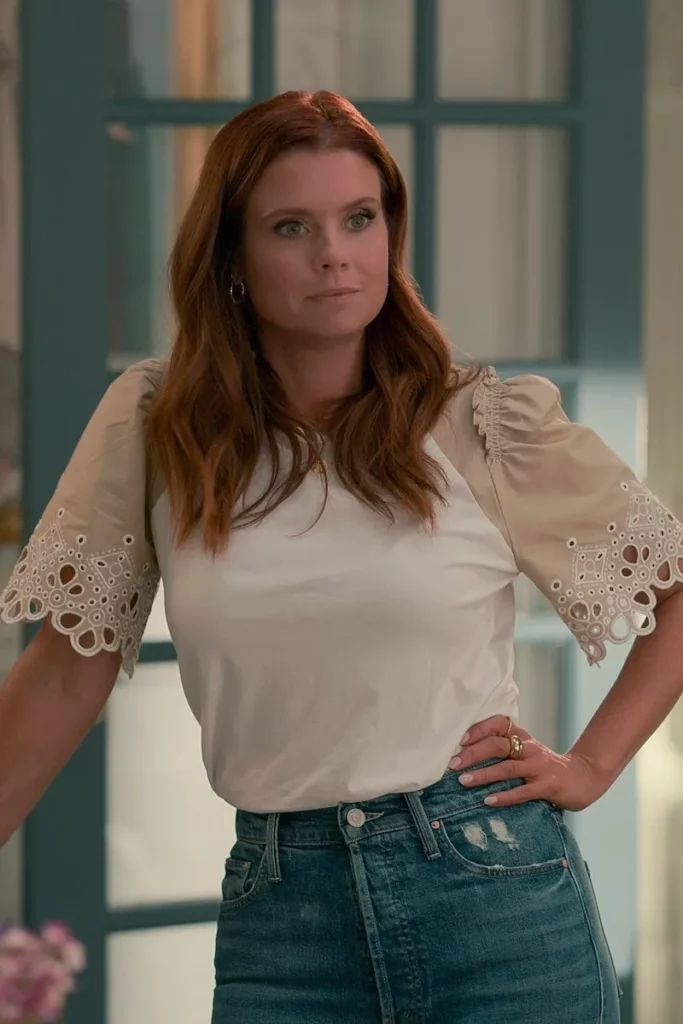 Veronica Beard White Eyelet Sleeve T-Shirt worn by Maddie Townsend.