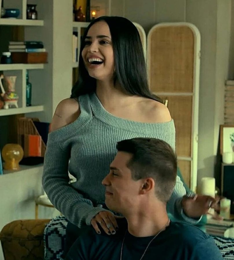 Gray Cold Shoulder Sweater worn by Sofia Carson as Cassie in Purple Hearts