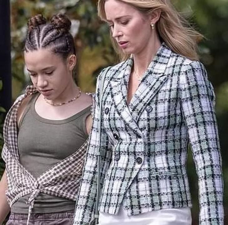 Checked blazer coat by Liza Drake (Emily Blunt) in Pain Hustlers