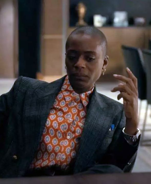 Classic printed silk shirt by Sandro, worn by Victorine LaFourcade (T'Nia Miller), seen in The Fall of the House of Usher (S01E02)