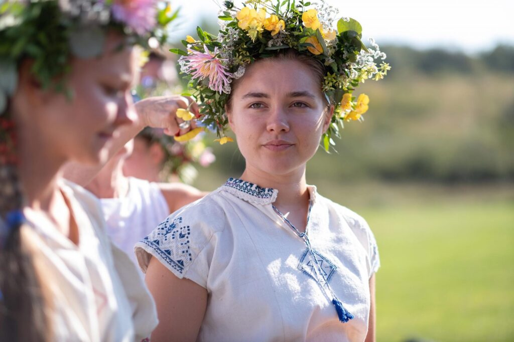 Florence Pugh’s Embroidered Swedish Folk Dress as Dani in Midsommar