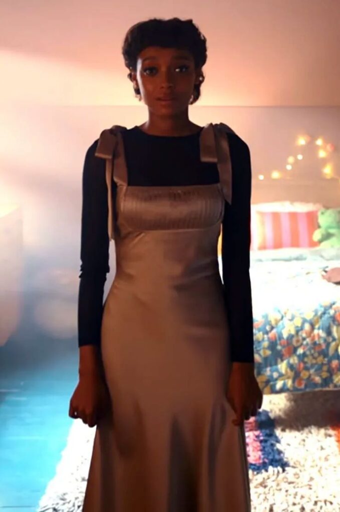 Wardrobe Outfits Style and Looks of Mia Polanco in Netflix’s Everything Now Date Night Mia’s Lavish Alice Satin Midi-Dress