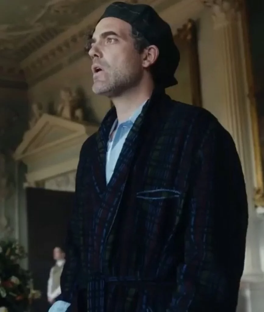 Freddy Horniman (Daniel Ings) in tartan robe as seen in The Gentlemen. 