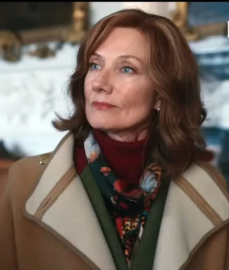 Lady Sabrina wears a tan suede overcoat on top of her Welligogs Hampton Merlot Wool Jacket, matching turtleneck and silk scarf.