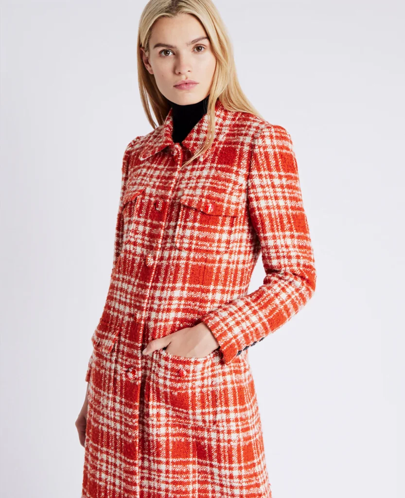 Really Wild Red Tweed Houndstooth Coat worn by Susie Glass (Kaya Scodelario) as seen in The Gentlemen, Season 1 Episode 6. (Sold out)