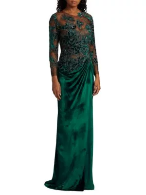 Marchesa Emerald Mixed Bead and Velvet Sheer Illusion Gown worn by Susie Glass (Kaya Scodelario) as seen in The Gentlemen, Season 1 Episode 2. 
