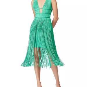 Hervé Léger Plunging Fringe Midi Dress worn by Ser­e­na Cro­ker (Sarah Jones) as seen in A Man in Full-product