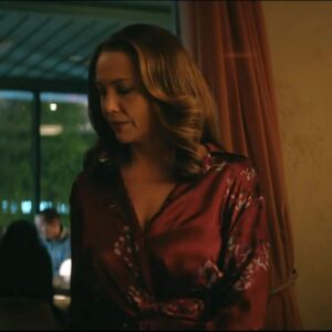 VINCE Wrap Red satin midi dress worn by Martha Cro­ker (Di­ane Lane) as seen in A Man in Full