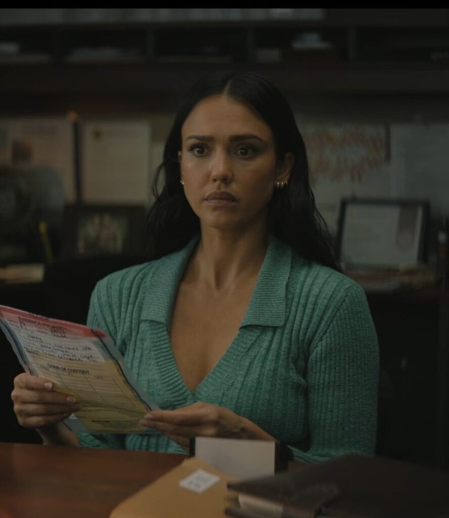 Parker’s Rachel Vos Sage Green Cardigan in Netflix’s Trigger Warning