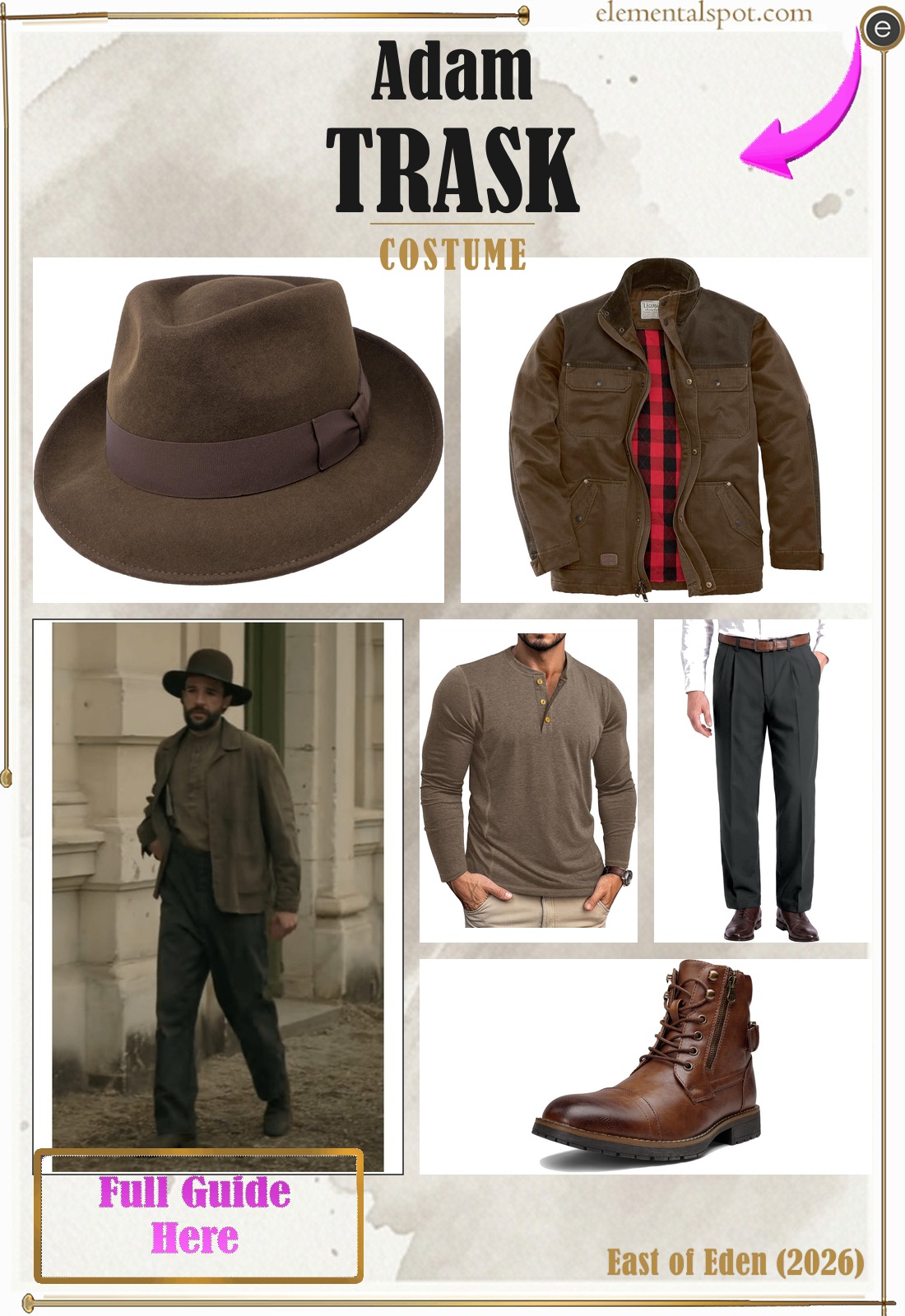 Adam Trask East of Eden (2026) costume — all pieces in one pin