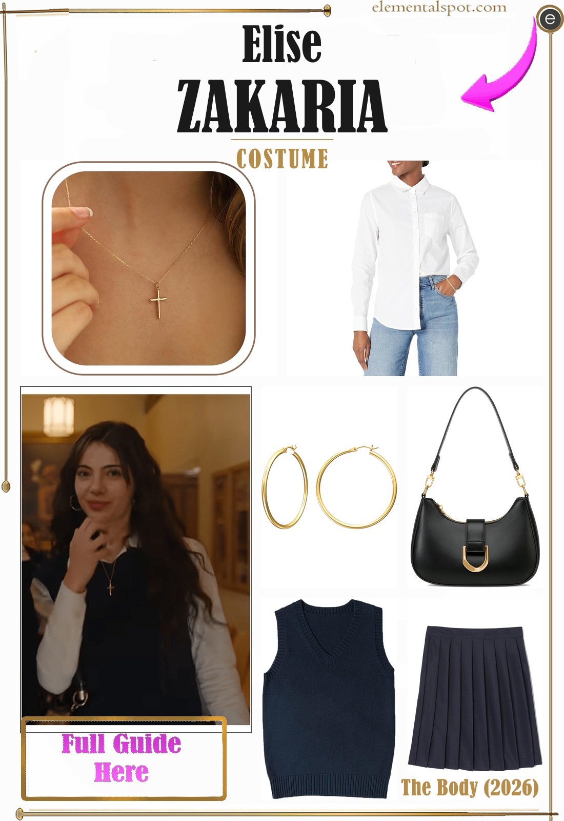 Elise Zakaria The Body (2026) costume — all pieces in one pin